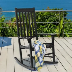 Acacia Wood Porch Rocking Chair, Wooden Rocking Chair Rocker with High Back & Armrest