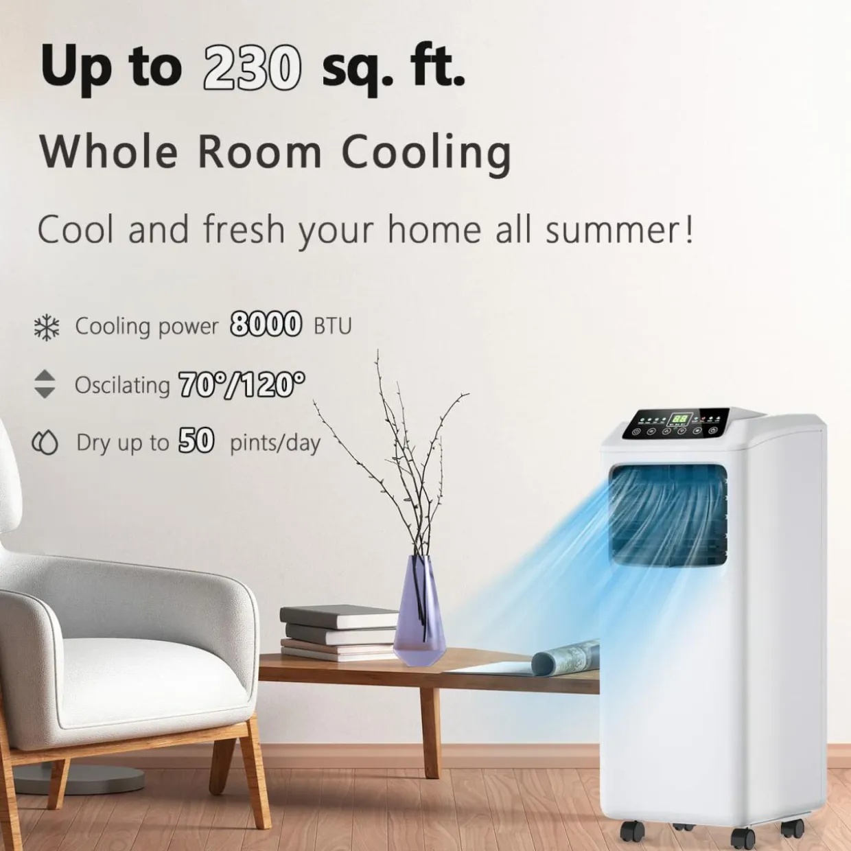 Air Conditioner Portable 9000BTU, 3-in-1 Floor AC Unit with Dehumidifier & Fan Modes