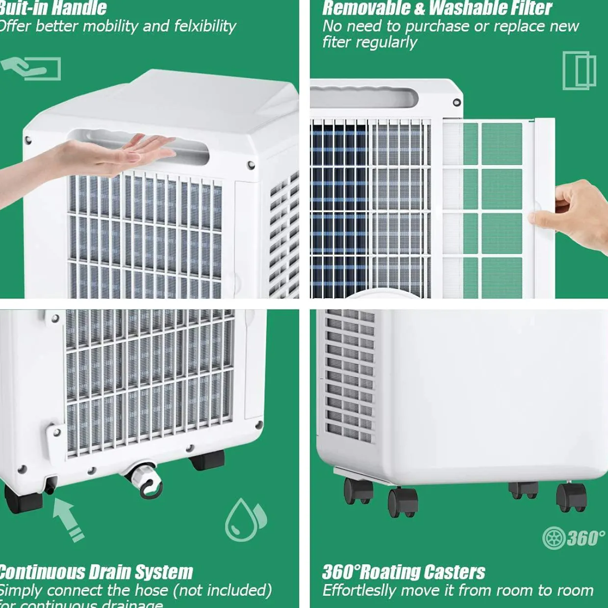 Air Conditioner Portable 9000BTU, 3-in-1 Floor AC Unit with Dehumidifier & Fan Modes
