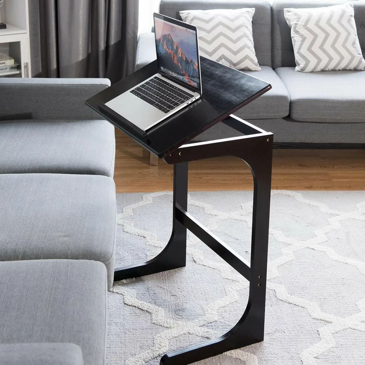 Bamboo TV Tray Sofa Side Table, 7 Angles Adjustable Couch Table