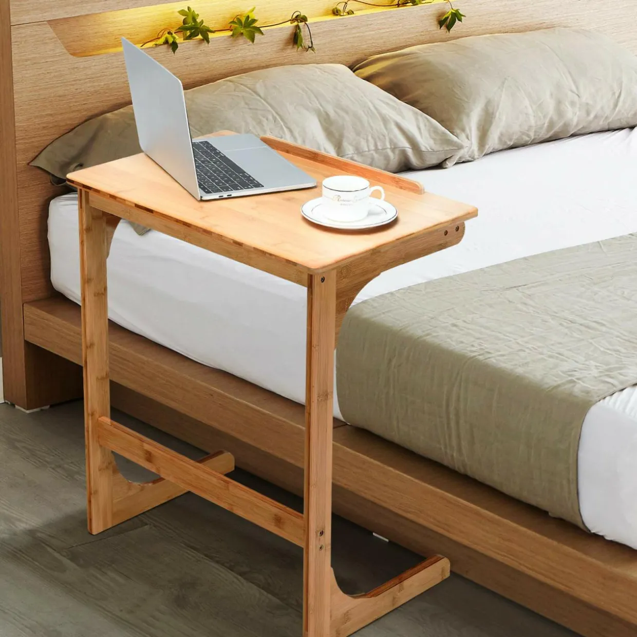 Bamboo TV Tray Sofa Side Table, 7 Angles Adjustable Couch Table