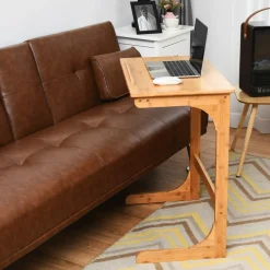 Bamboo TV Tray Sofa Side Table, 7 Angles Adjustable Couch Table