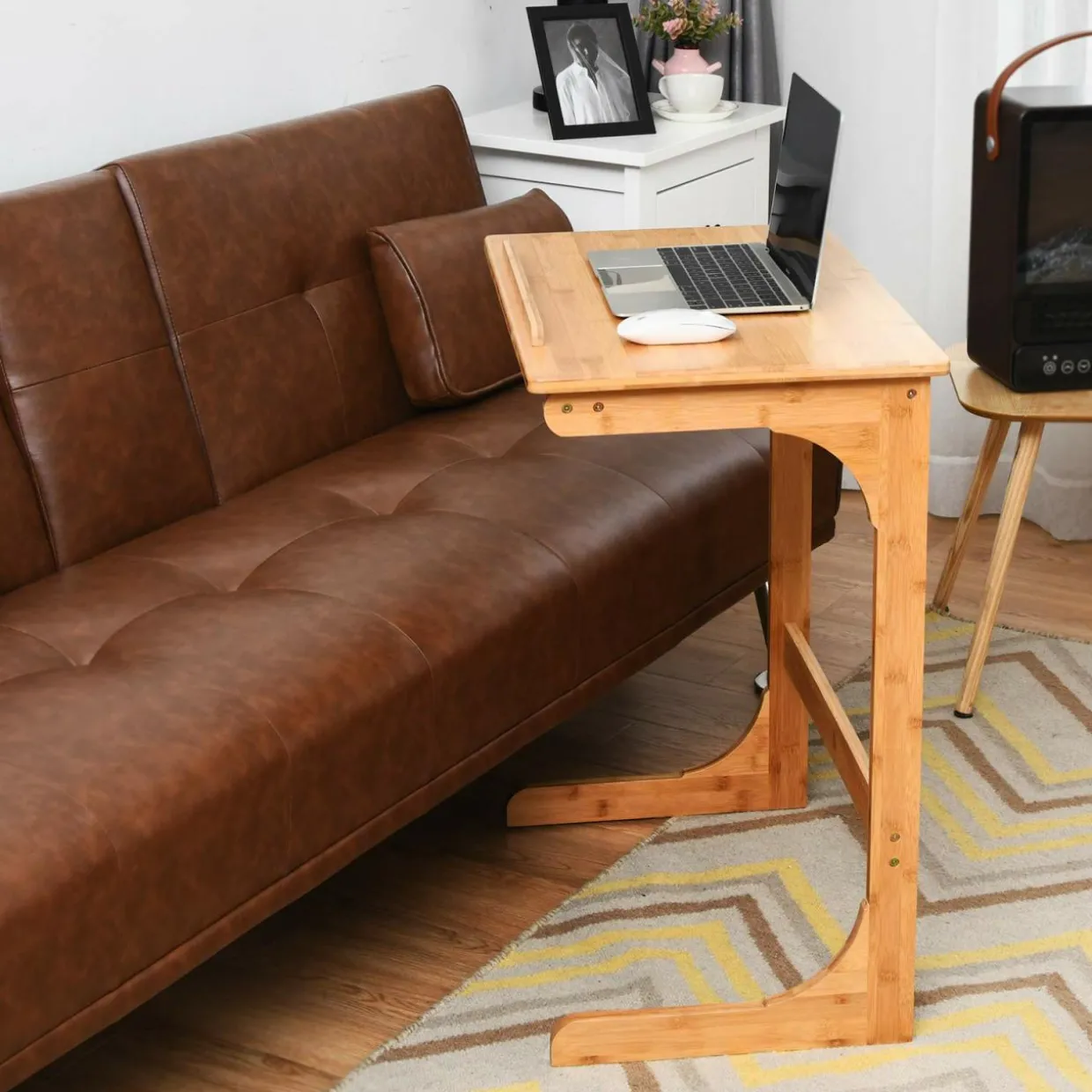 Bamboo TV Tray Sofa Side Table, 7 Angles Adjustable Couch Table