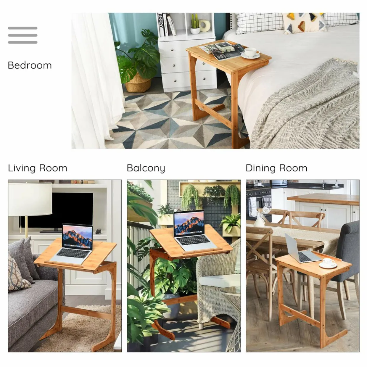 Bamboo TV Tray Sofa Side Table, 7 Angles Adjustable Couch Table