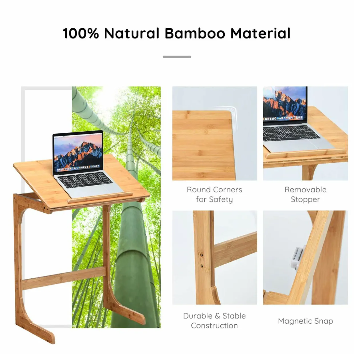 Bamboo TV Tray Sofa Side Table, 7 Angles Adjustable Couch Table