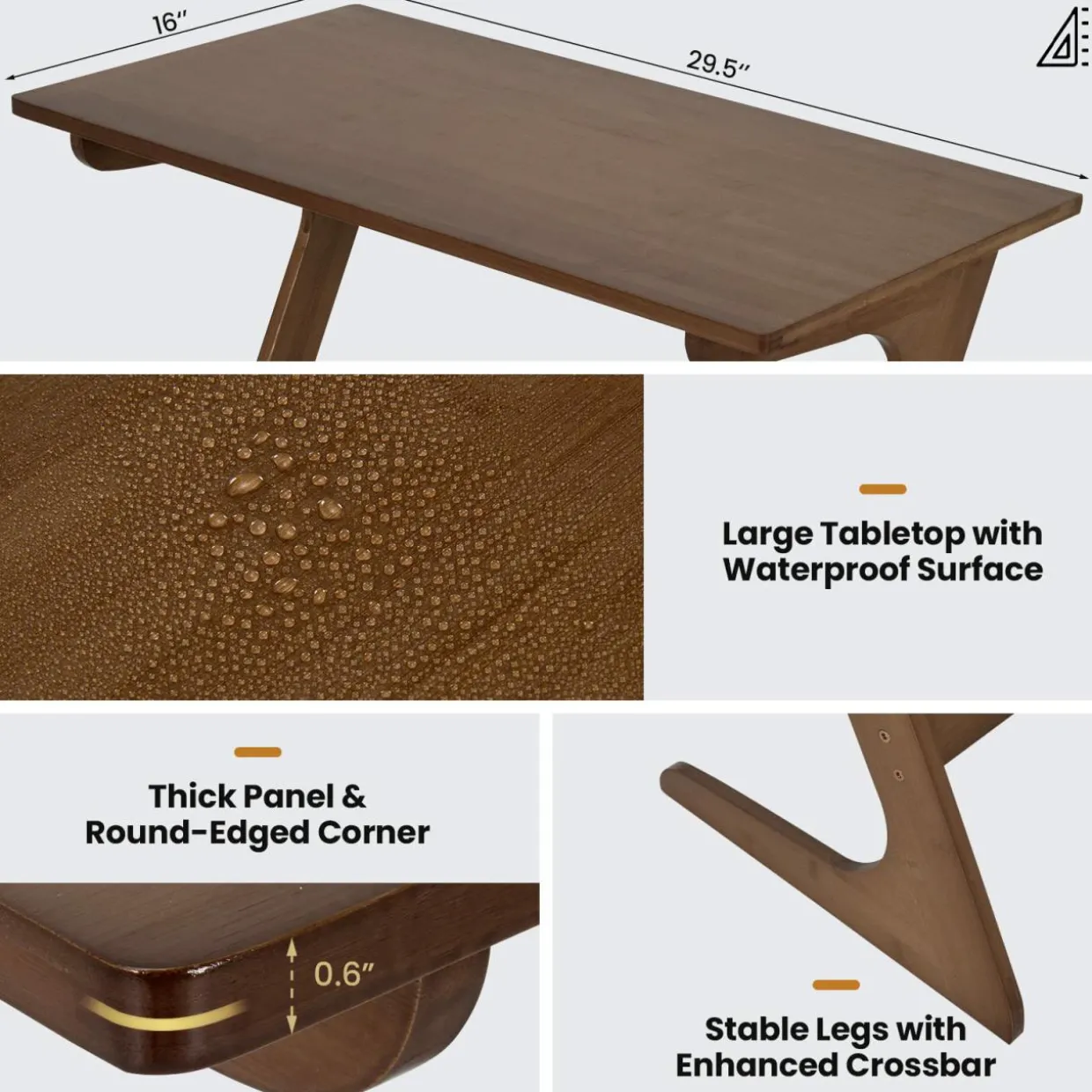 Bamboo TV Tray Sofa Side Table, Z-Shaped Couch Table with 29.5'' x 16'' Tabletop