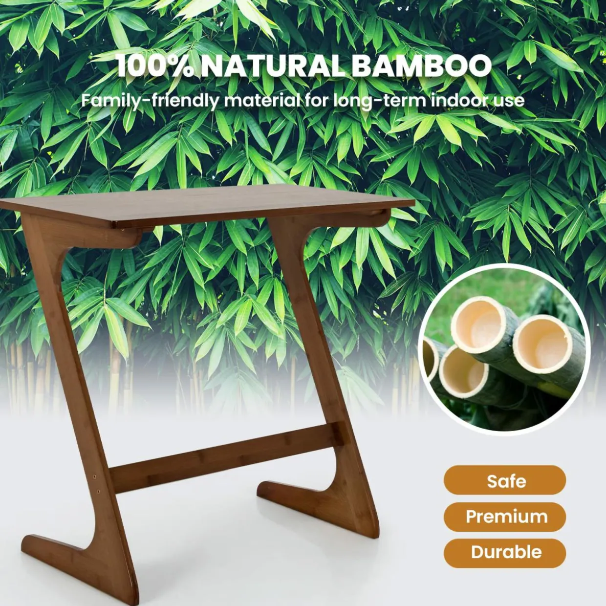 Bamboo TV Tray Sofa Side Table, Z-Shaped Couch Table with 29.5'' x 16'' Tabletop