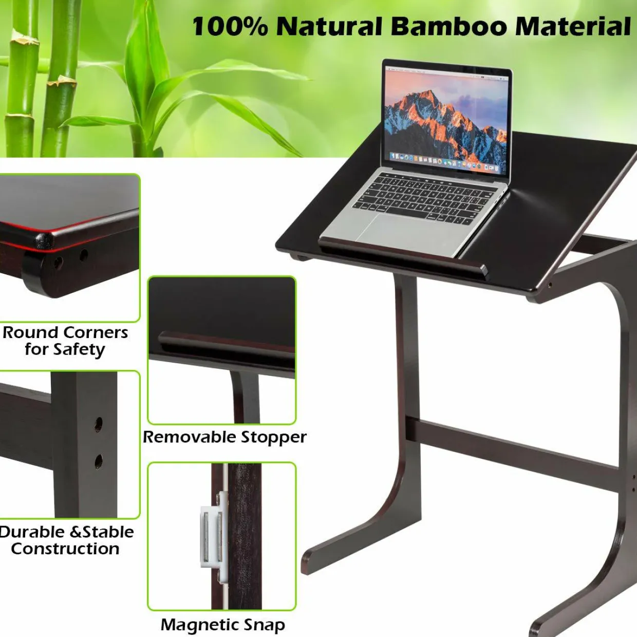 Bamboo TV Tray Sofa Side Table, 7 Angles Adjustable Couch Table