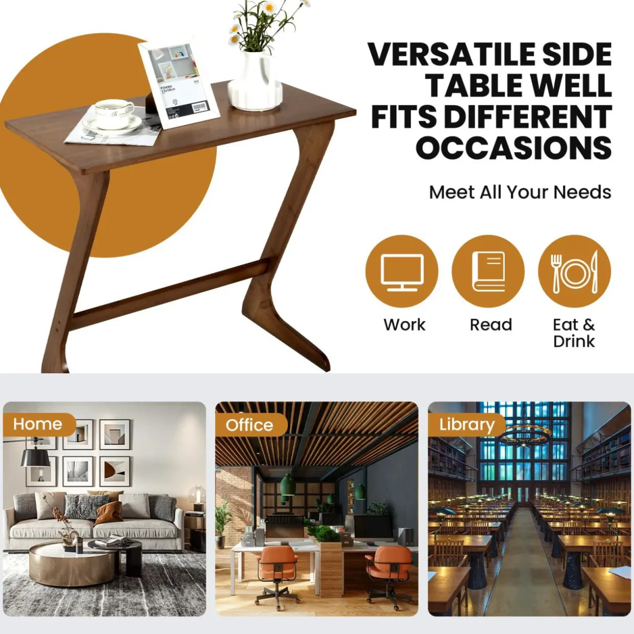 Bamboo TV Tray Sofa Side Table, Z-Shaped Couch Table with 29.5'' x 16'' Tabletop