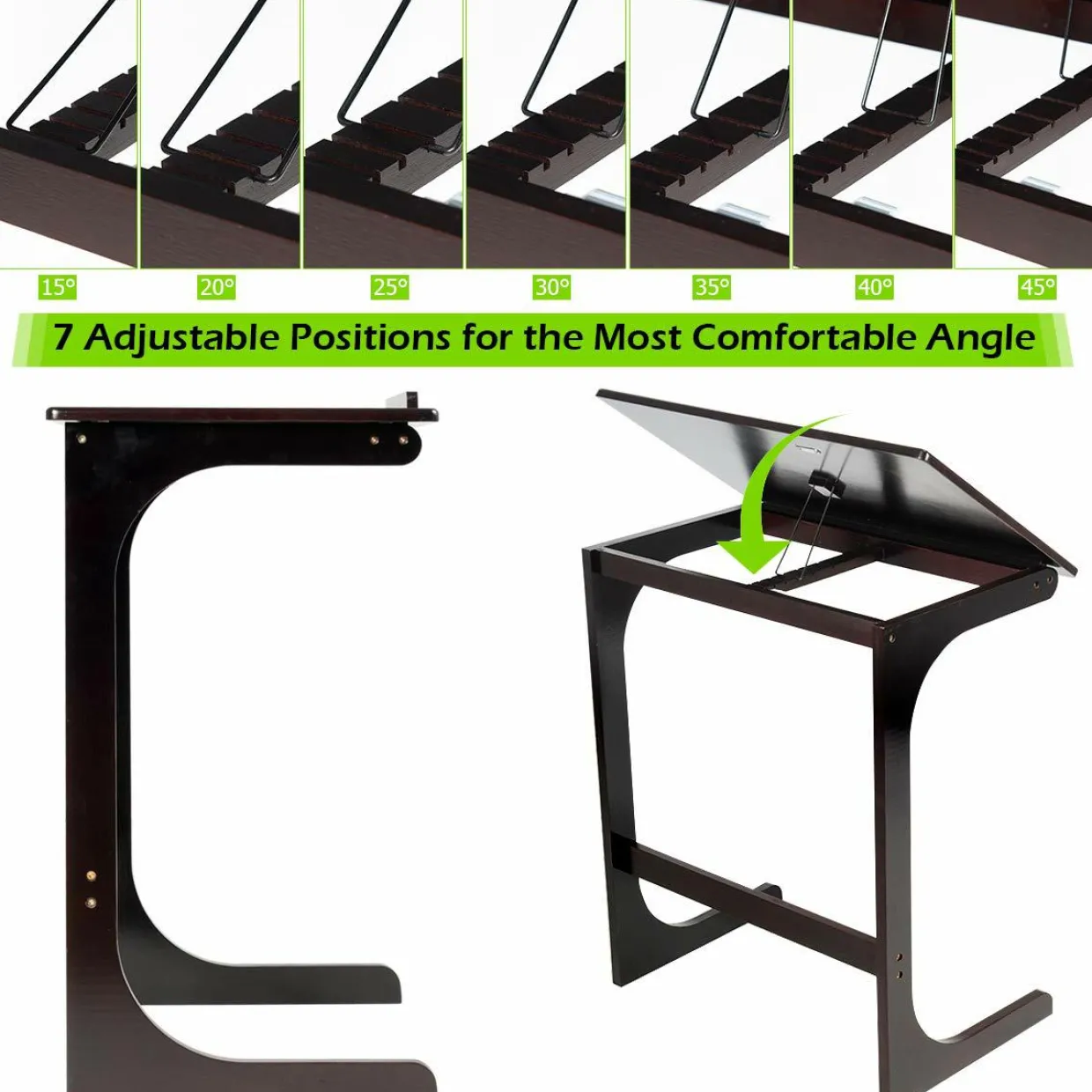 Bamboo TV Tray Sofa Side Table, 7 Angles Adjustable Couch Table