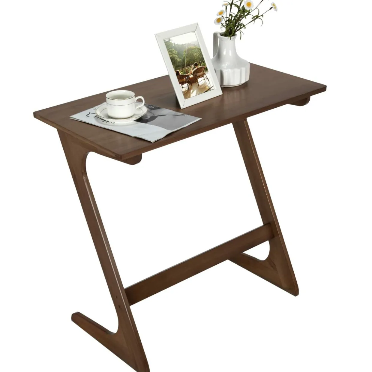 Bamboo TV Tray Sofa Side Table, Z-Shaped Couch Table with 29.5'' x 16'' Tabletop