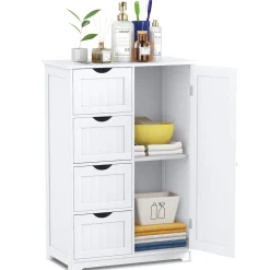Bathroom Floor Cabinet, Free Standing Storage Cabinet with 4 Drawers & Single Door, 22 x 12 x 32 Inches