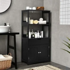 Bathroom Floor Cabinet with Drawer, 2 Open Shelves and Door Cupboard