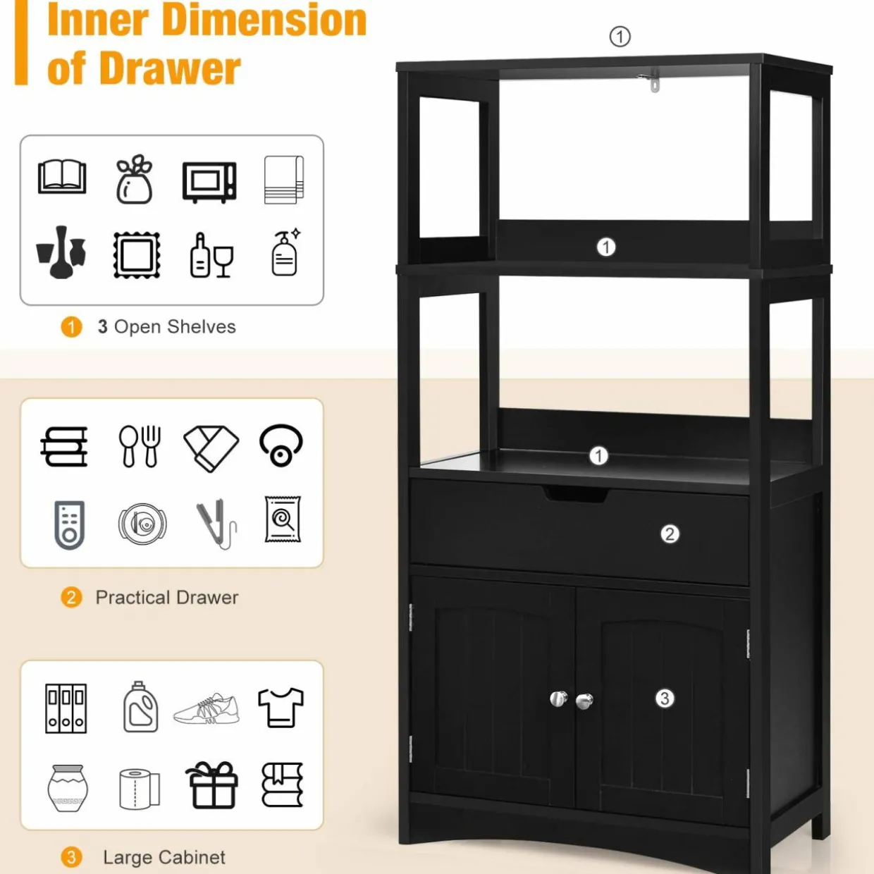 Bathroom Floor Cabinet with Drawer, 2 Open Shelves and Door Cupboard