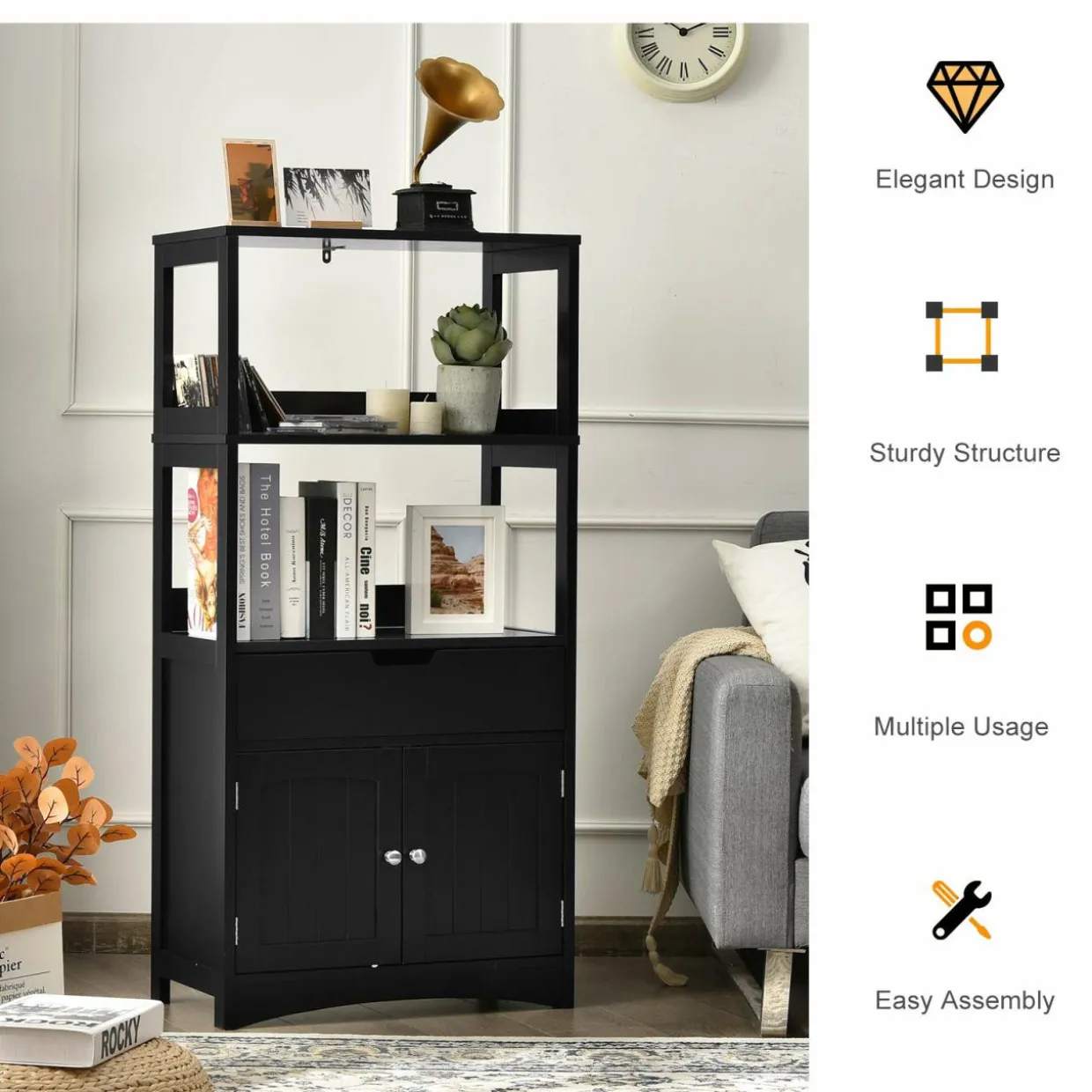Bathroom Floor Cabinet with Drawer, 2 Open Shelves and Door Cupboard