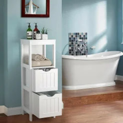 Bathroom Floor Cabinet, Wooden Storage Cabinet w/2 Adjustable Drawers