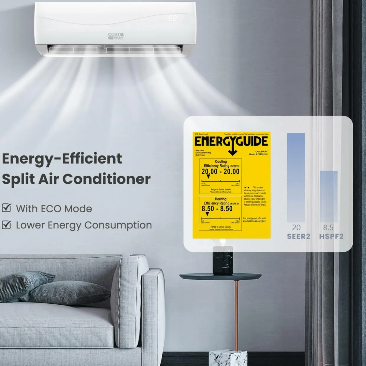 12000 BTU, 20 SEER2, Mini Split Air Conditioner Pre-Charged Inverter Heat Pump System