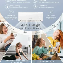 12,000 BTU Mini Split Air Conditioner, with Heat Pump, 21 SEER2 Inverter, Energy Star, 24H Timer, Auto Clean