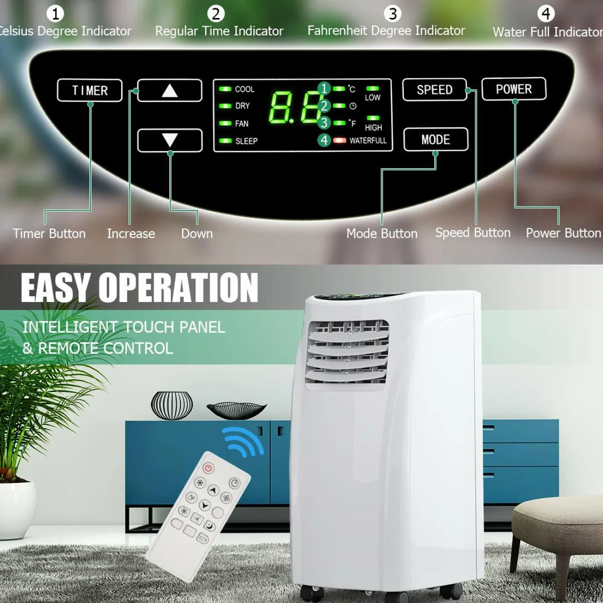 8000 BTU Portable Air Conditioner, 3-in-1 Air Cooler w/Built-in Dehumidifier, Fan Mode