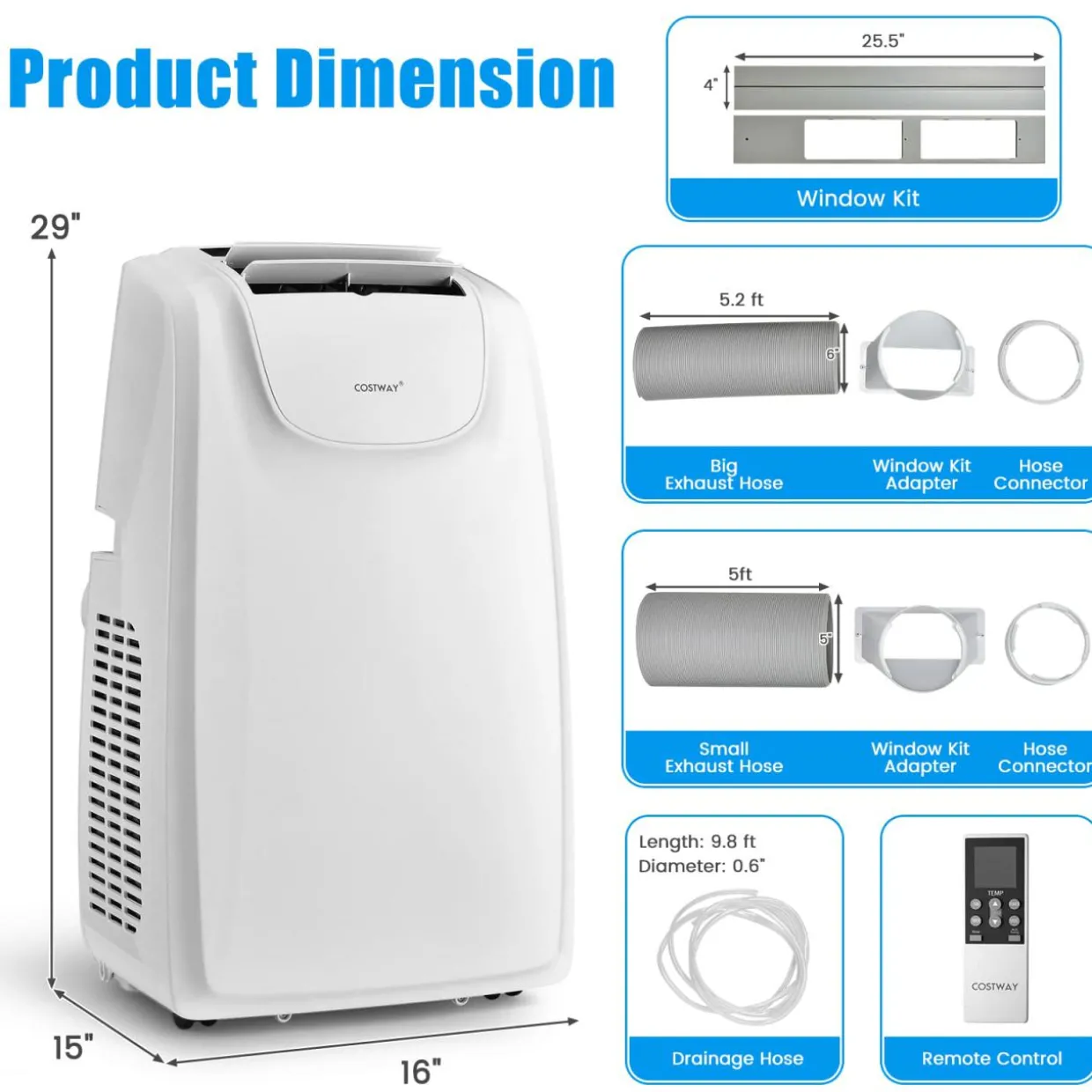 12000 BTU Portable Air Conditioner, with Dual Hose, Remote Control