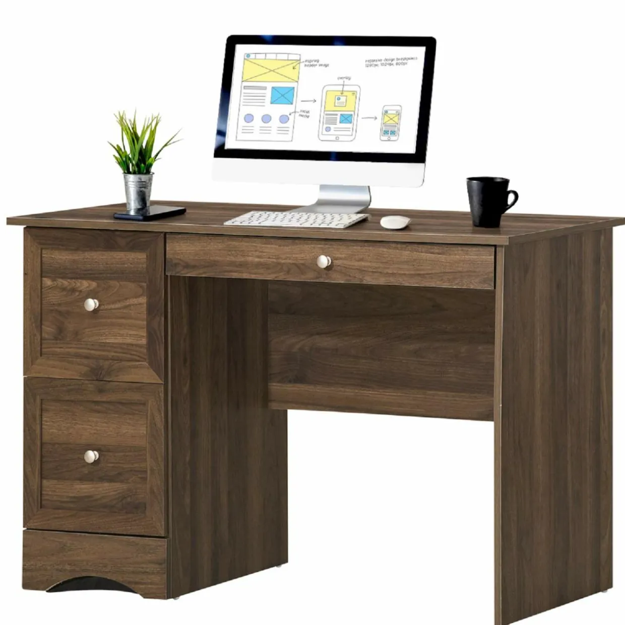 Computer Desk with 3 Drawers, Wooden Home Office Desk PC Laptop Notebook Desk, Compact Study Desk Writing Desk