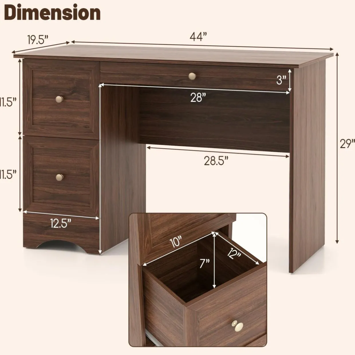 Computer Desk with 3 Drawers, Wooden Home Office Desk PC Laptop Notebook Desk, Compact Study Desk Writing Desk