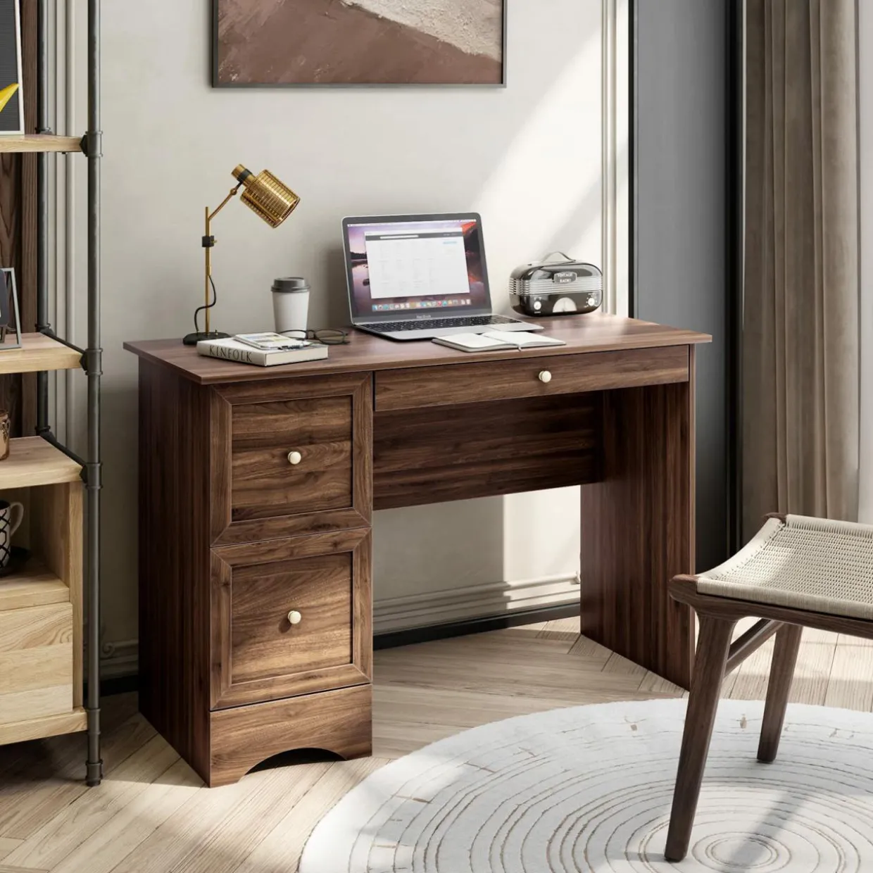 Computer Desk with 3 Drawers, Wooden Home Office Desk PC Laptop Notebook Desk, Compact Study Desk Writing Desk