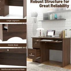 Computer Desk with 3 Drawers, Wooden Home Office Desk PC Laptop Notebook Desk, Compact Study Desk Writing Desk