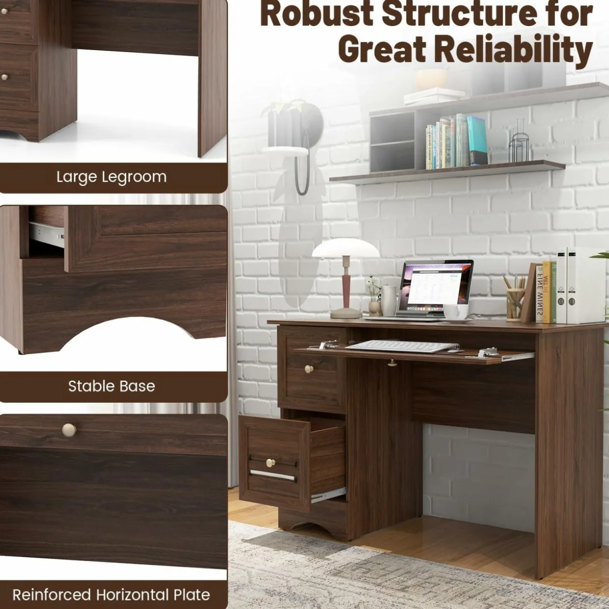 Computer Desk with 3 Drawers, Wooden Home Office Desk PC Laptop Notebook Desk, Compact Study Desk Writing Desk