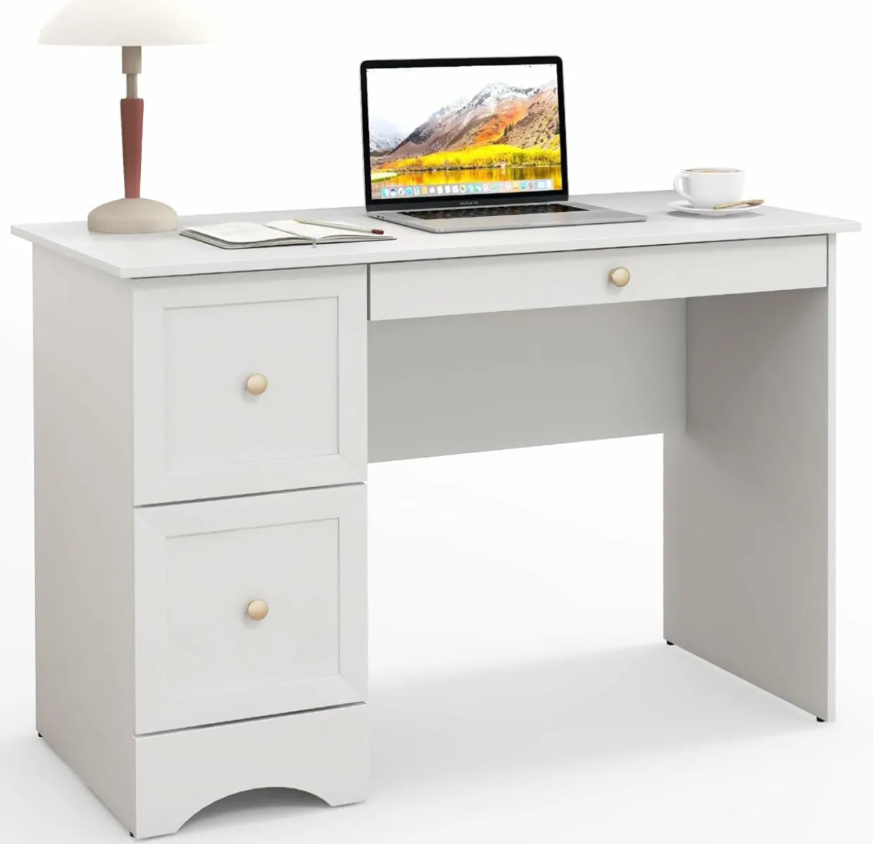 Computer Desk with 3 Drawers, Wooden Home Office Desk PC Laptop Notebook Desk, Compact Study Desk Writing Desk
