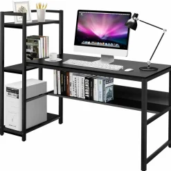 Computer Desk with 4 Shelves, Study Writing Desk with Storage Bookshelves Metal Frame & Adjustable Foot Pads