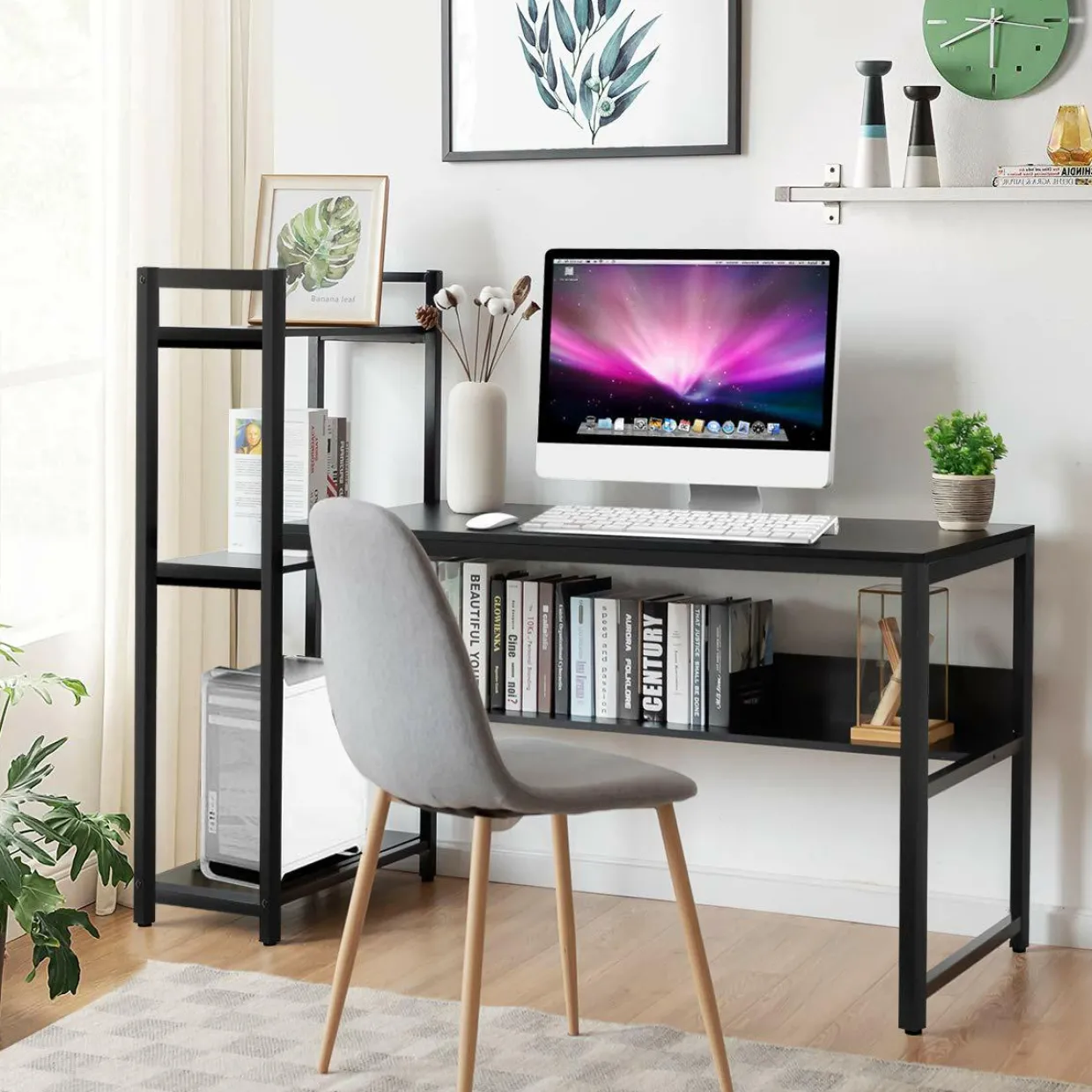 Computer Desk with 4 Shelves, Study Writing Desk with Storage Bookshelves Metal Frame & Adjustable Foot Pads