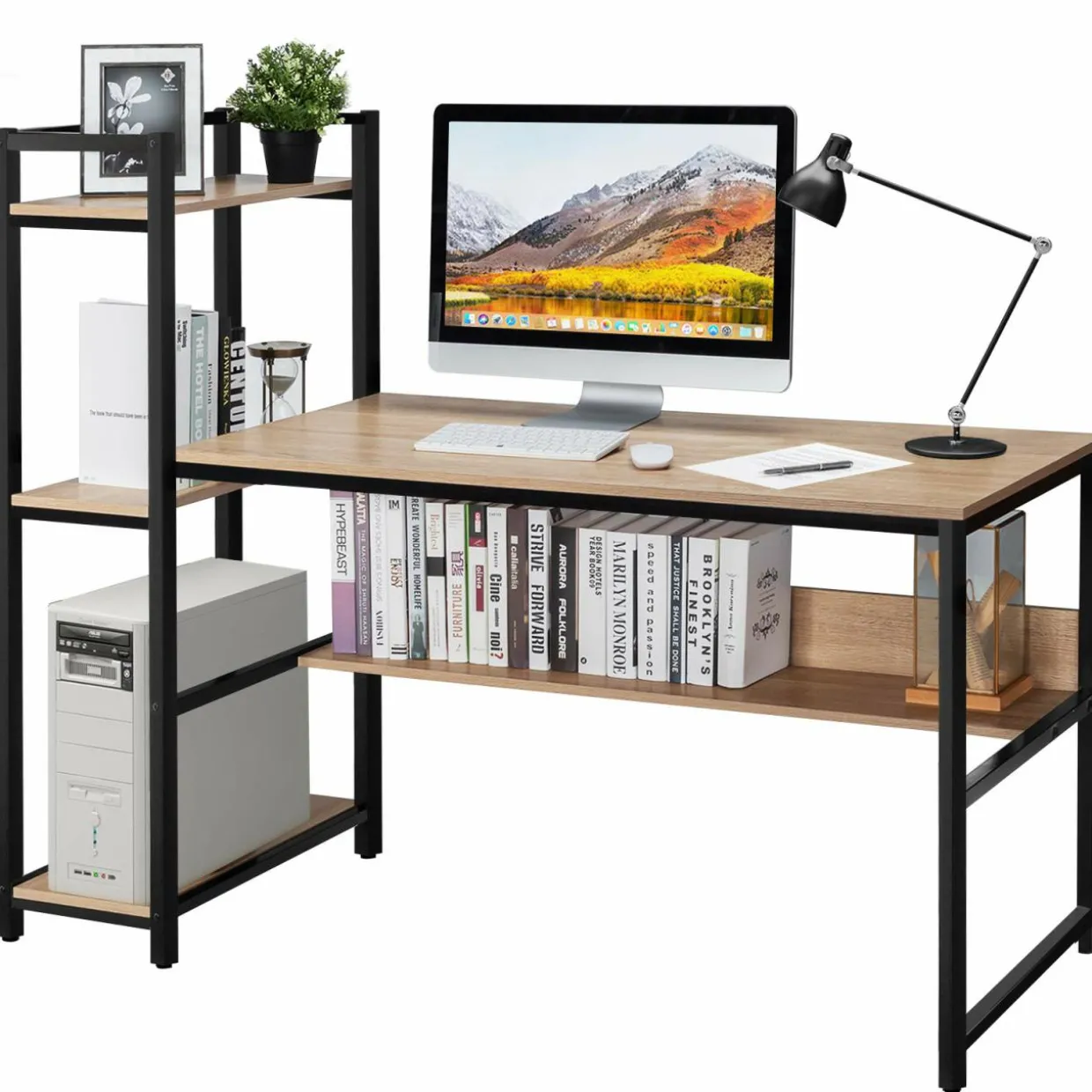 Computer Desk with 4 Shelves, Study Writing Desk with Storage Bookshelves Metal Frame & Adjustable Foot Pads