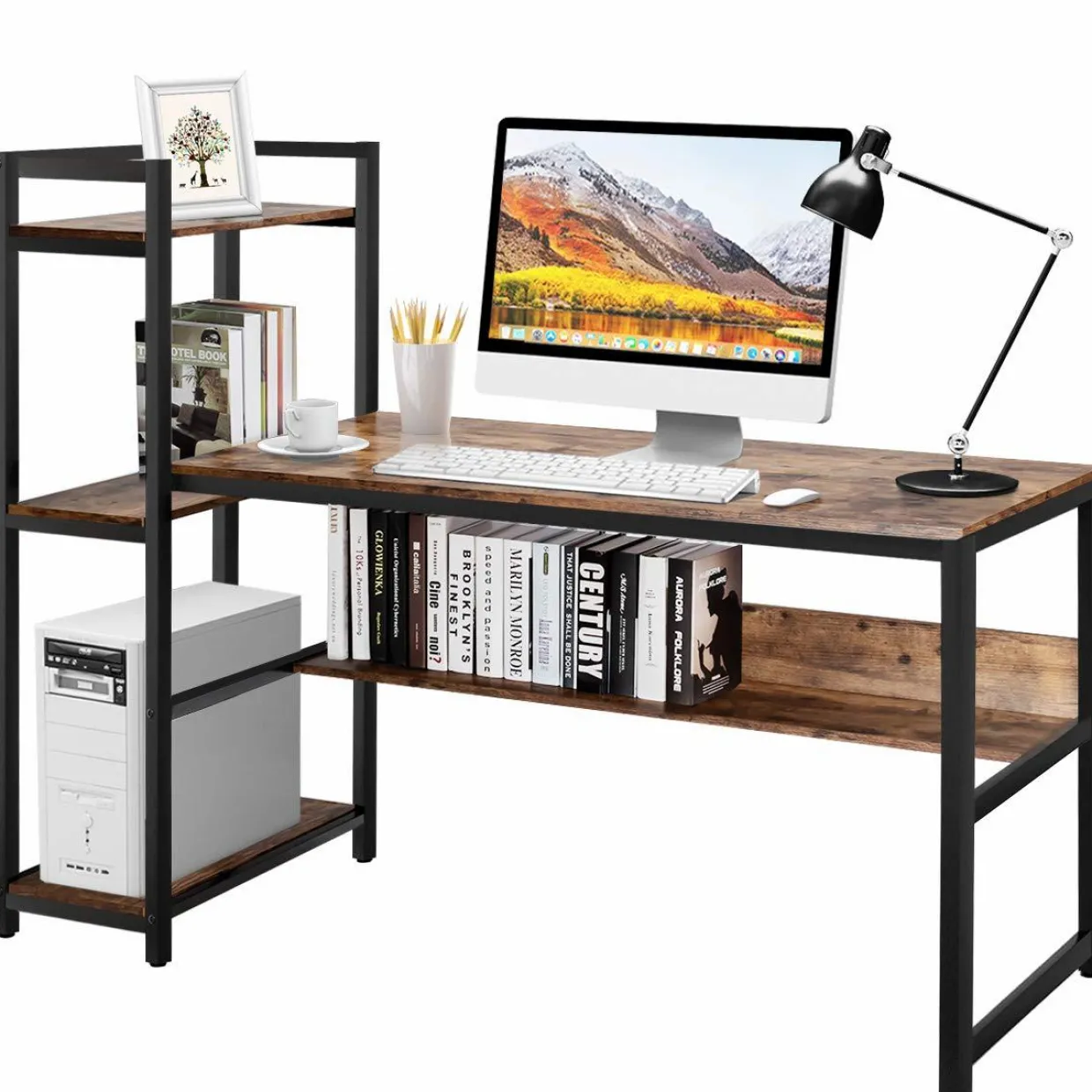 Computer Desk with 4 Shelves, Study Writing Desk with Storage Bookshelves Metal Frame & Adjustable Foot Pads