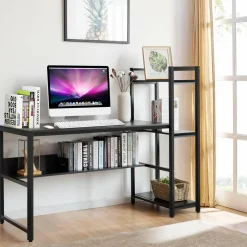 Computer Desk with 4 Shelves, Study Writing Desk with Storage Bookshelves Metal Frame & Adjustable Foot Pads
