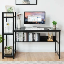 Computer Desk with 4 Shelves, Study Writing Desk with Storage Bookshelves Metal Frame & Adjustable Foot Pads