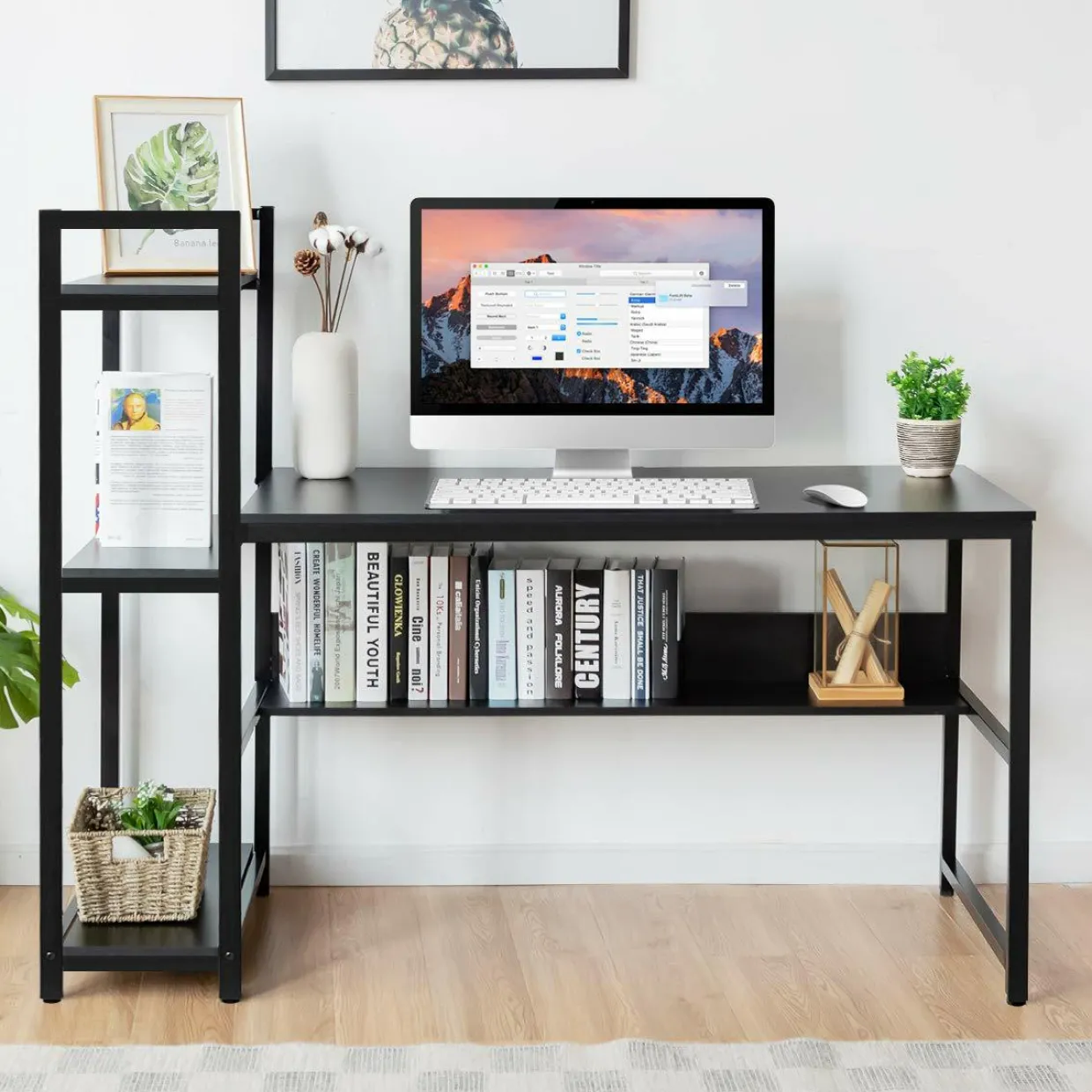 Computer Desk with 4 Shelves, Study Writing Desk with Storage Bookshelves Metal Frame & Adjustable Foot Pads