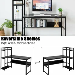 Computer Desk with 4 Shelves, Study Writing Desk with Storage Bookshelves Metal Frame & Adjustable Foot Pads