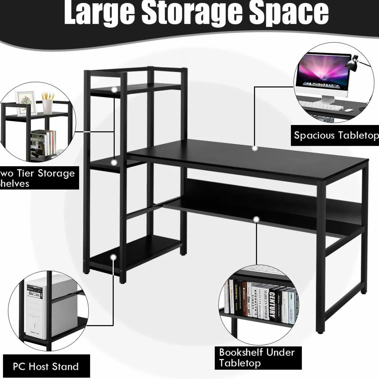 Computer Desk with 4 Shelves, Study Writing Desk with Storage Bookshelves Metal Frame & Adjustable Foot Pads