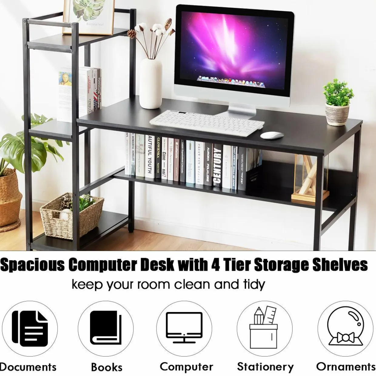 Computer Desk with 4 Shelves, Study Writing Desk with Storage Bookshelves Metal Frame & Adjustable Foot Pads