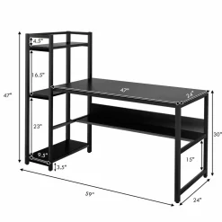 Computer Desk with 4 Shelves, Study Writing Desk with Storage Bookshelves Metal Frame & Adjustable Foot Pads