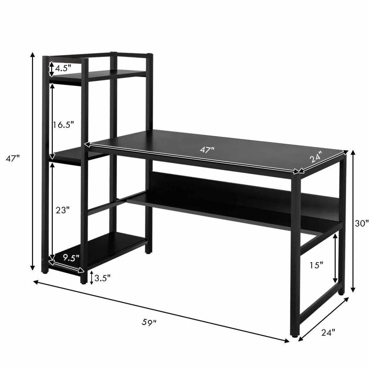 Computer Desk with 4 Shelves, Study Writing Desk with Storage Bookshelves Metal Frame & Adjustable Foot Pads