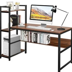 Computer Desk with 4 Shelves, Study Writing Desk with Storage Bookshelves Metal Frame & Adjustable Foot Pads