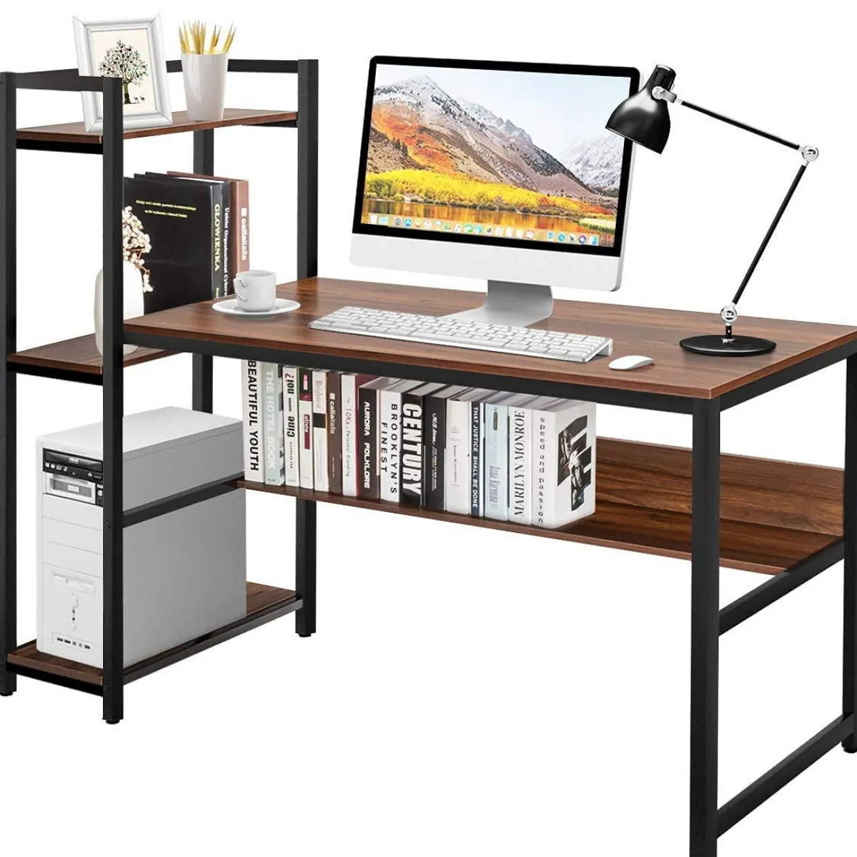 Computer Desk with 4 Shelves, Study Writing Desk with Storage Bookshelves Metal Frame & Adjustable Foot Pads