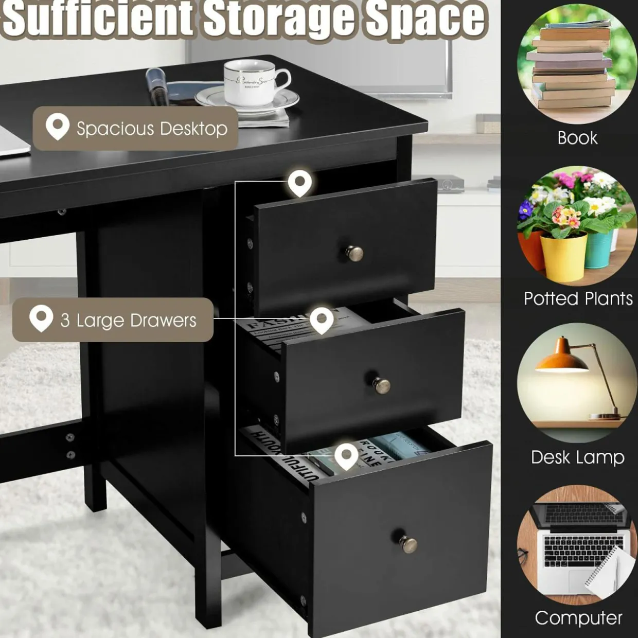 Computer Desk with 3 Storage Drawers, Modern Home Office Desk w/Spacious Desktop