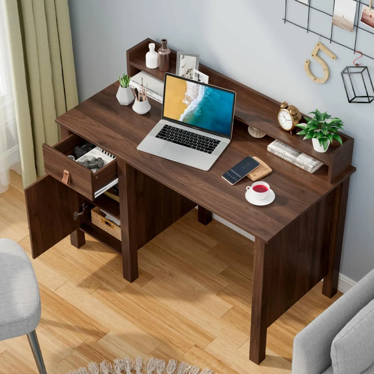 Computer Desk with Storage Drawer & Cabinet, 48 Inch Vintage Desk