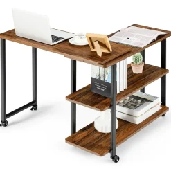360-Degree Free Rotating Sofa Side Table, Mobile Couch Desk with 2-Tier Storage Shelves