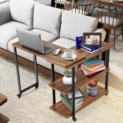 360-Degree Free Rotating Sofa Side Table, Mobile Couch Desk with 2-Tier Storage Shelves