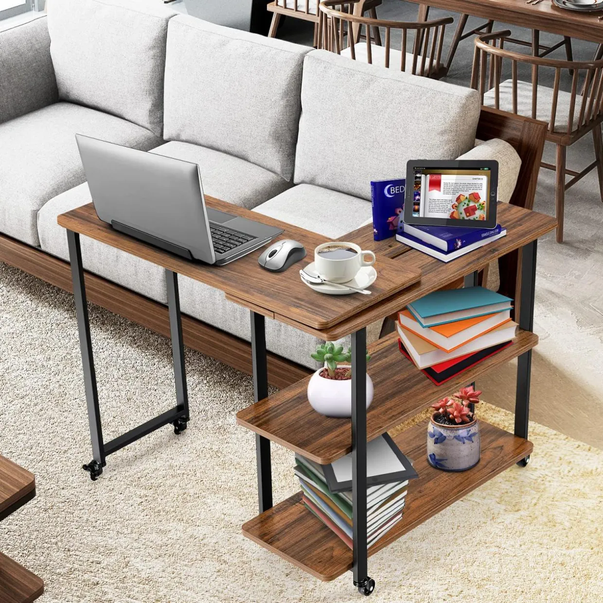 360-Degree Free Rotating Sofa Side Table, Mobile Couch Desk with 2-Tier Storage Shelves