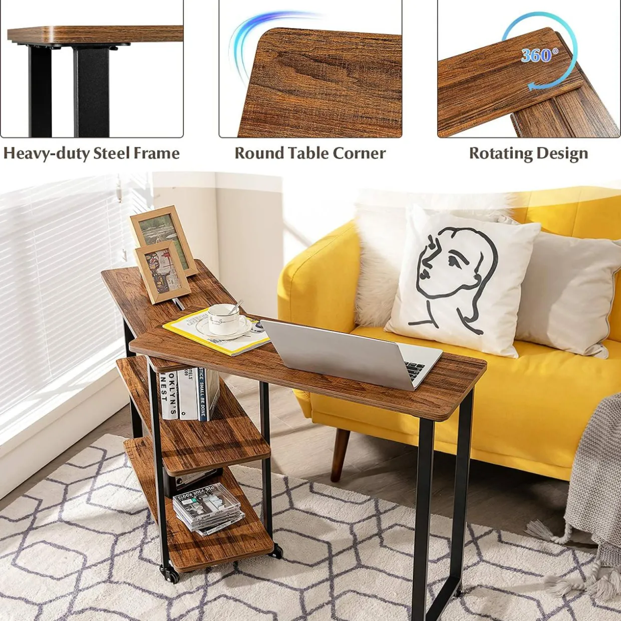 360-Degree Free Rotating Sofa Side Table, Mobile Couch Desk with 2-Tier Storage Shelves